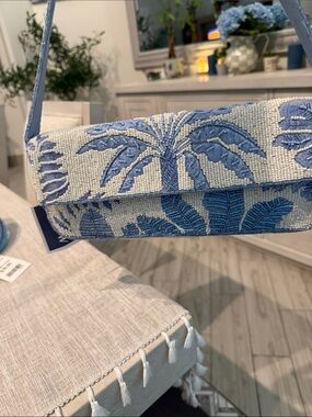 Hand-Beaded Blue Palm-Print Wristlet Clutch
